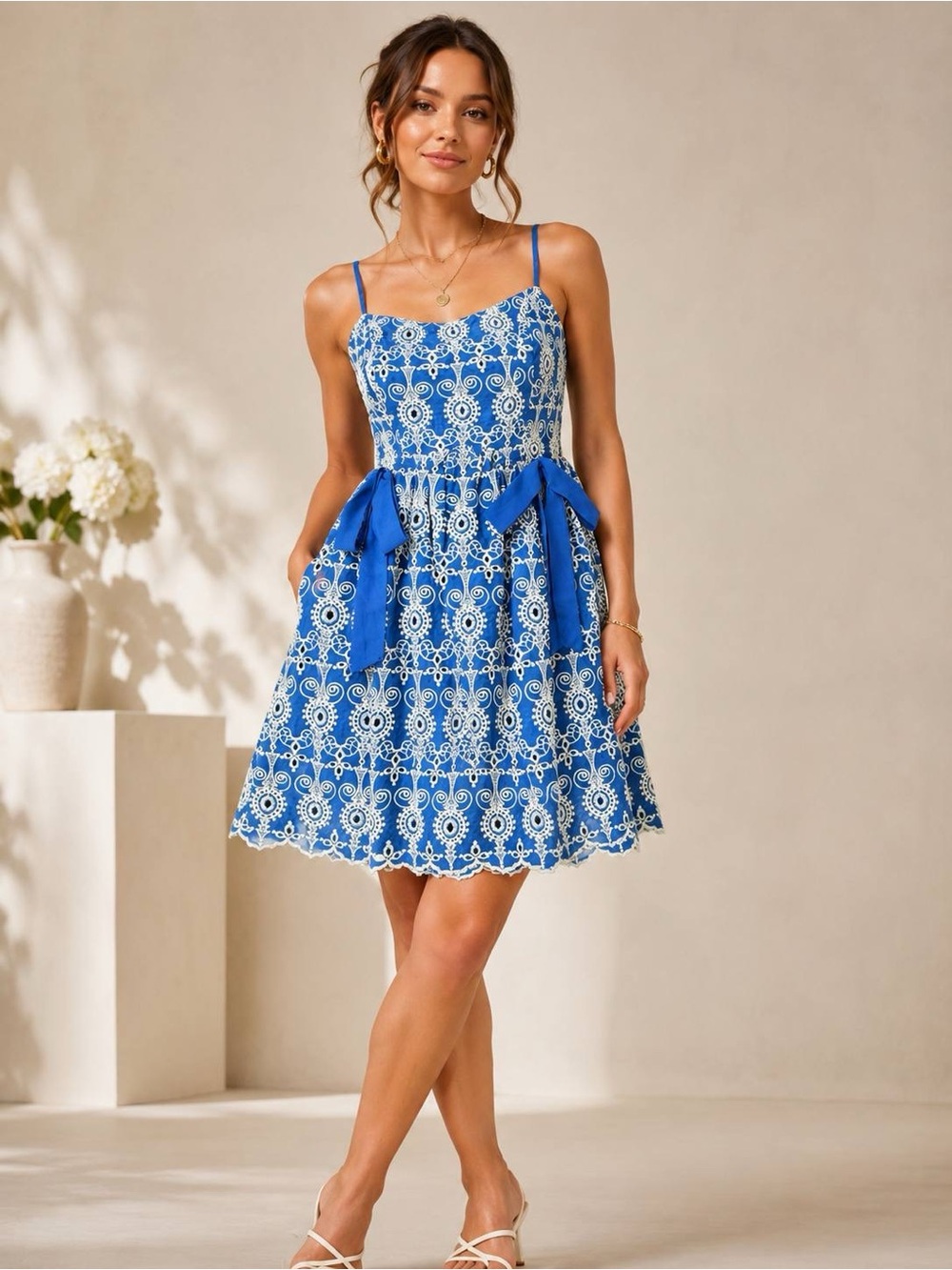 Sugarlips Women Blue White Eyelet Embroidery Smocked Sundress Bow Size M NWT